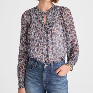 Madewell Floral Smocked Split Crew Neck Sheer Blouse Fall25 Boho Chic Sz L NWOT